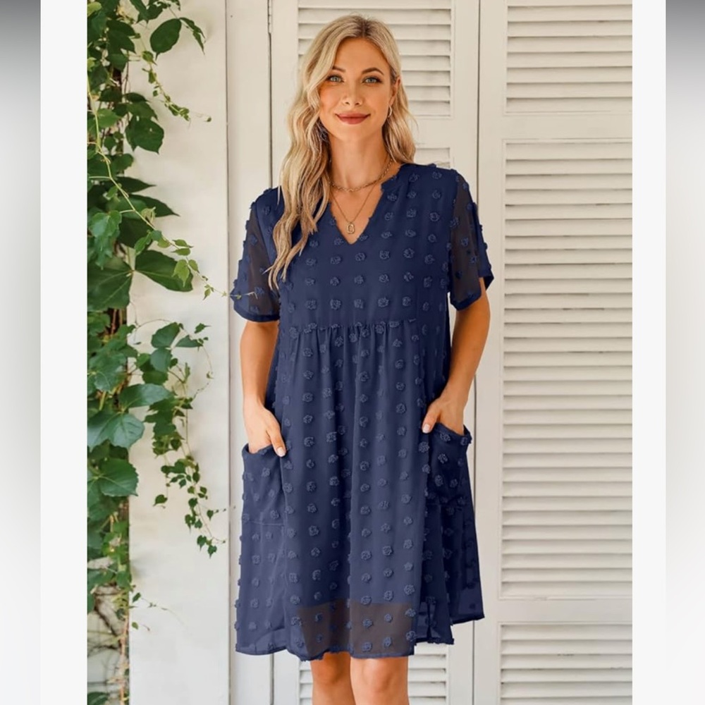 MIHOLL Women's V Neck Short Sleeve Ruffle Loose Summer Flowy Mini Dress